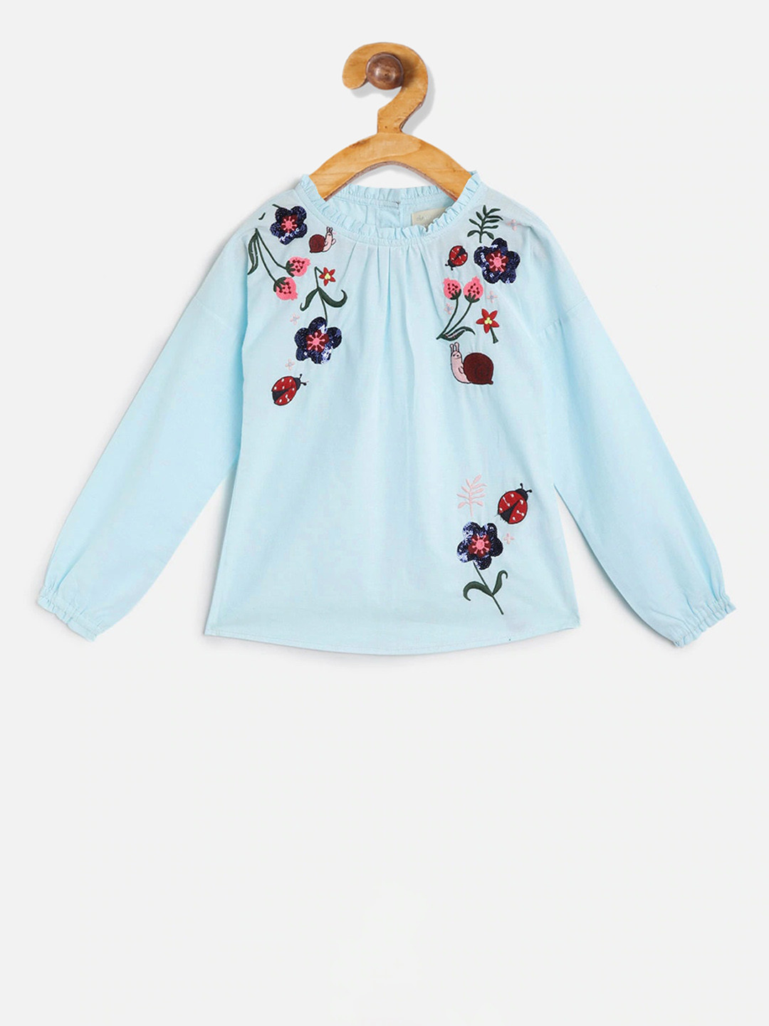 

Cherry Crumble Girls Blue Floral Embroidered Top