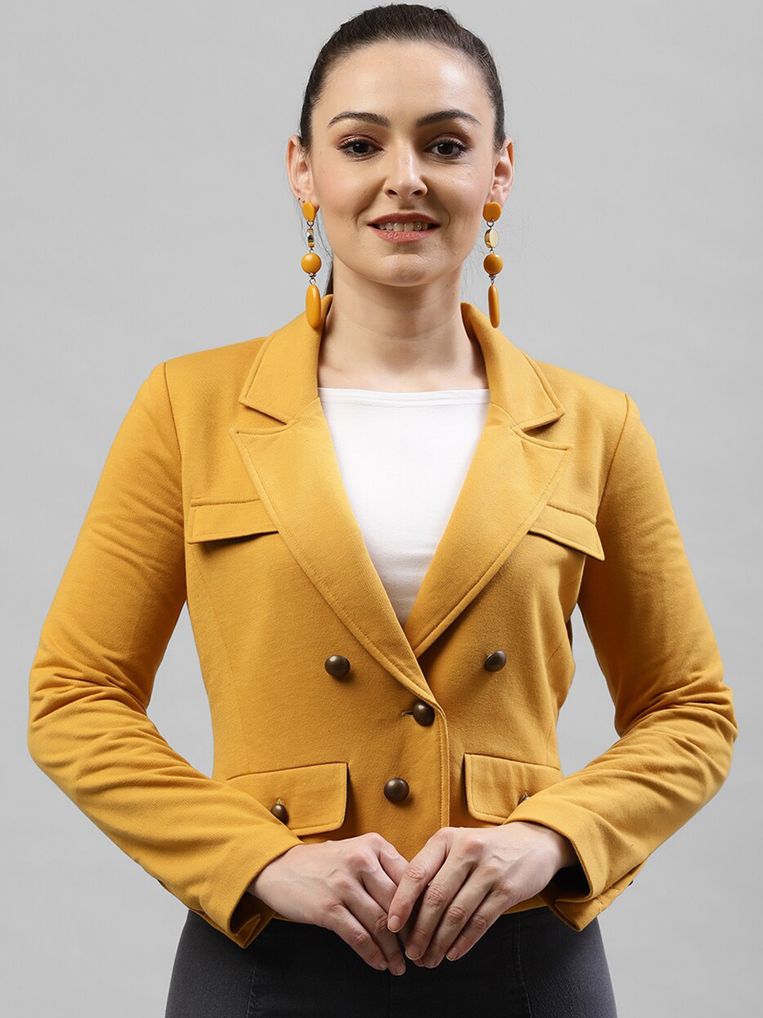 

KASSUALLY Women Mustard Yellow Solid Single-Breasted Blazer