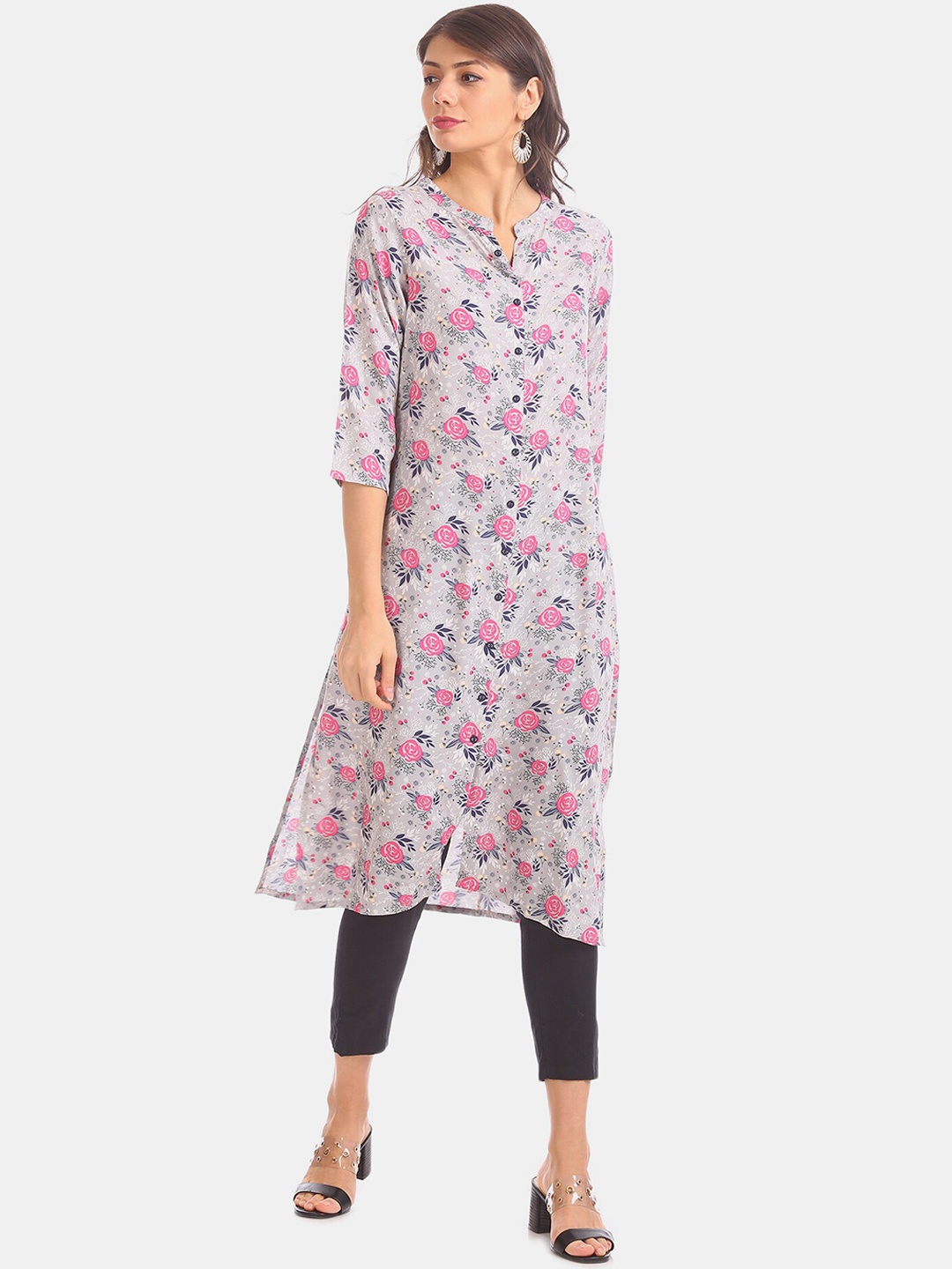 

Karigari Women Grey & Pink Floral Printed A-Line Kurta