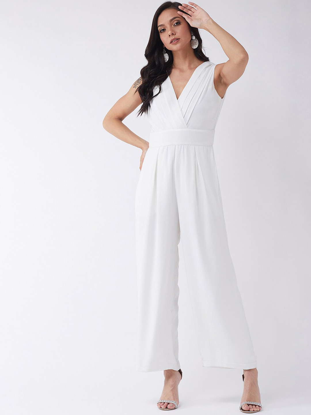

MAGRE Women White Solid Pleated Basic Jumpsuit