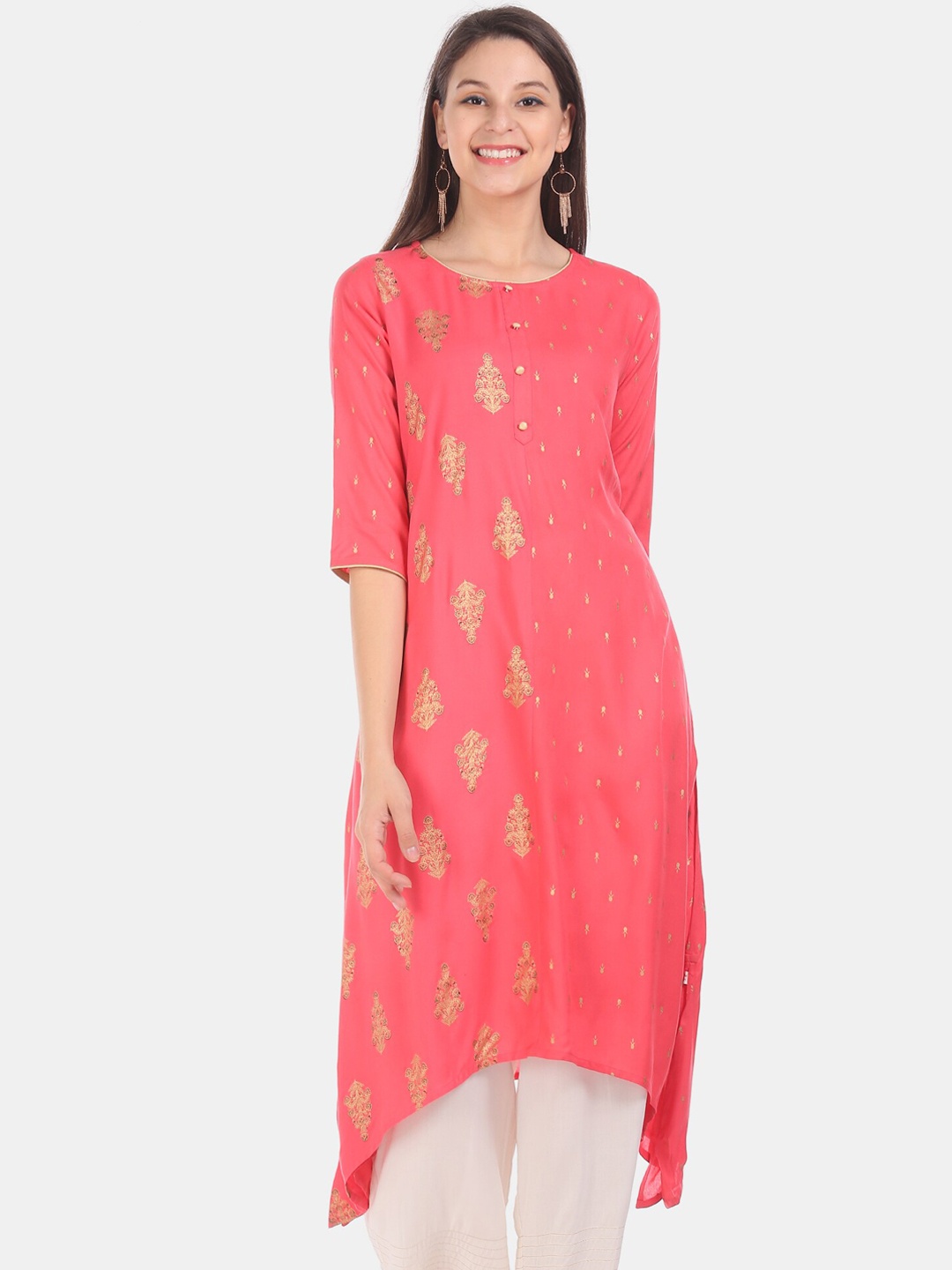 

Karigari Women Coral Pink Printed A-Line Kurta