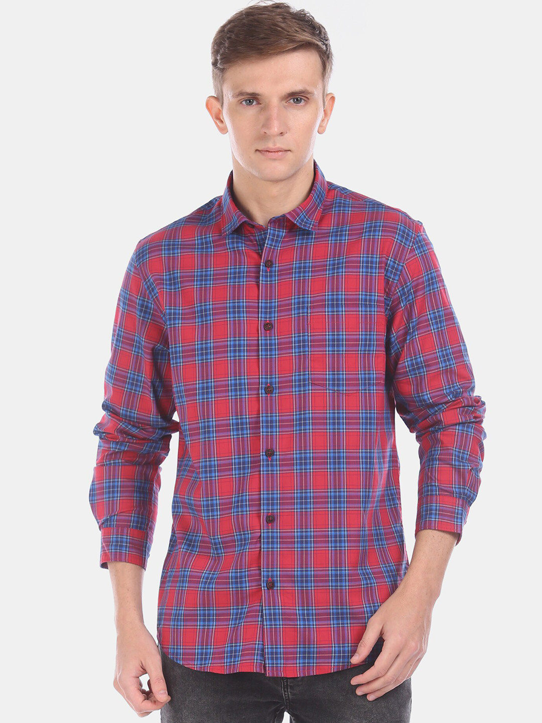 

Ruggers Men Red & Blue Regular Fit Checked Casual Shirt
