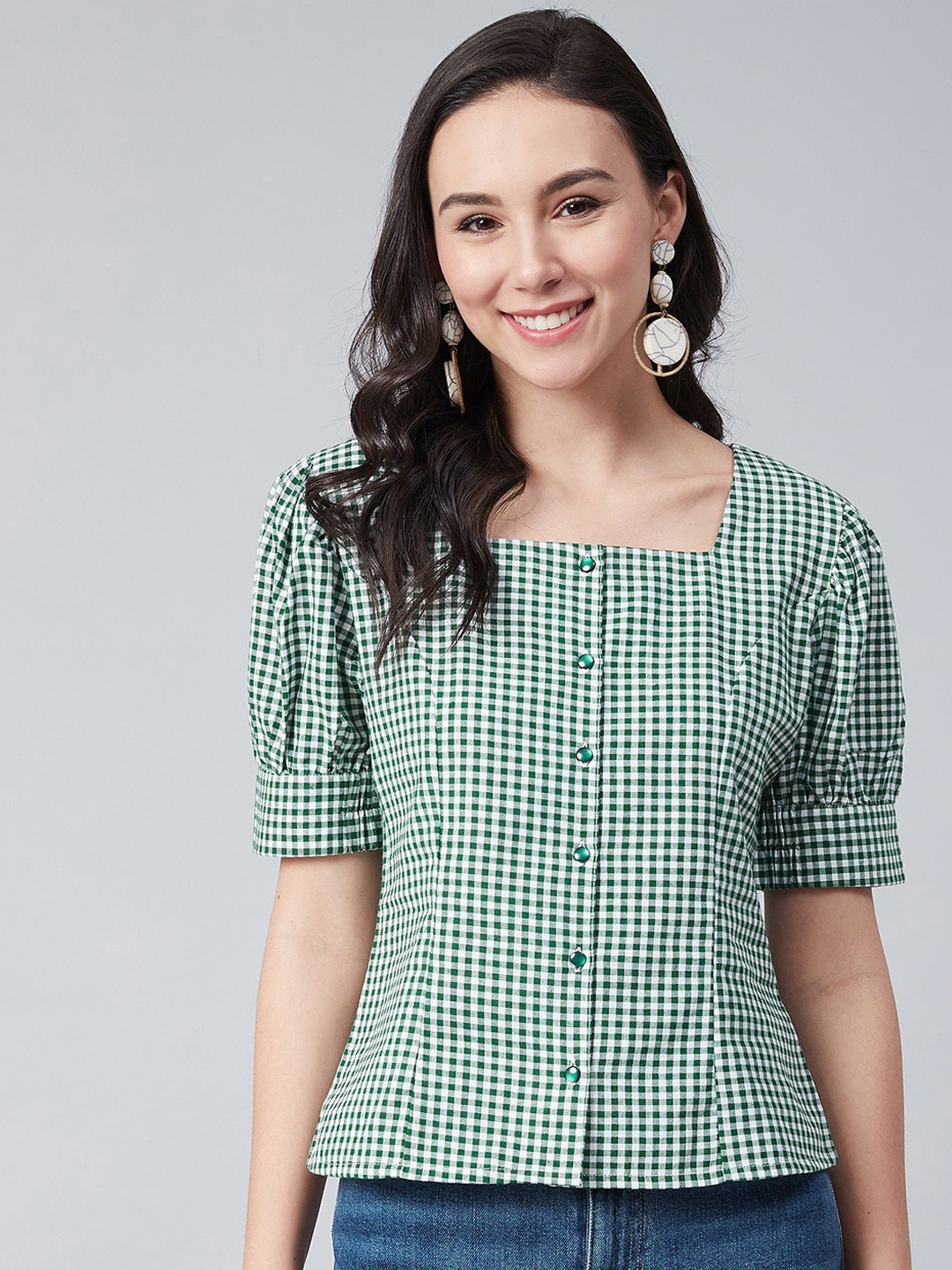 

Marie Claire Women Green Checked Pure Cotton Top