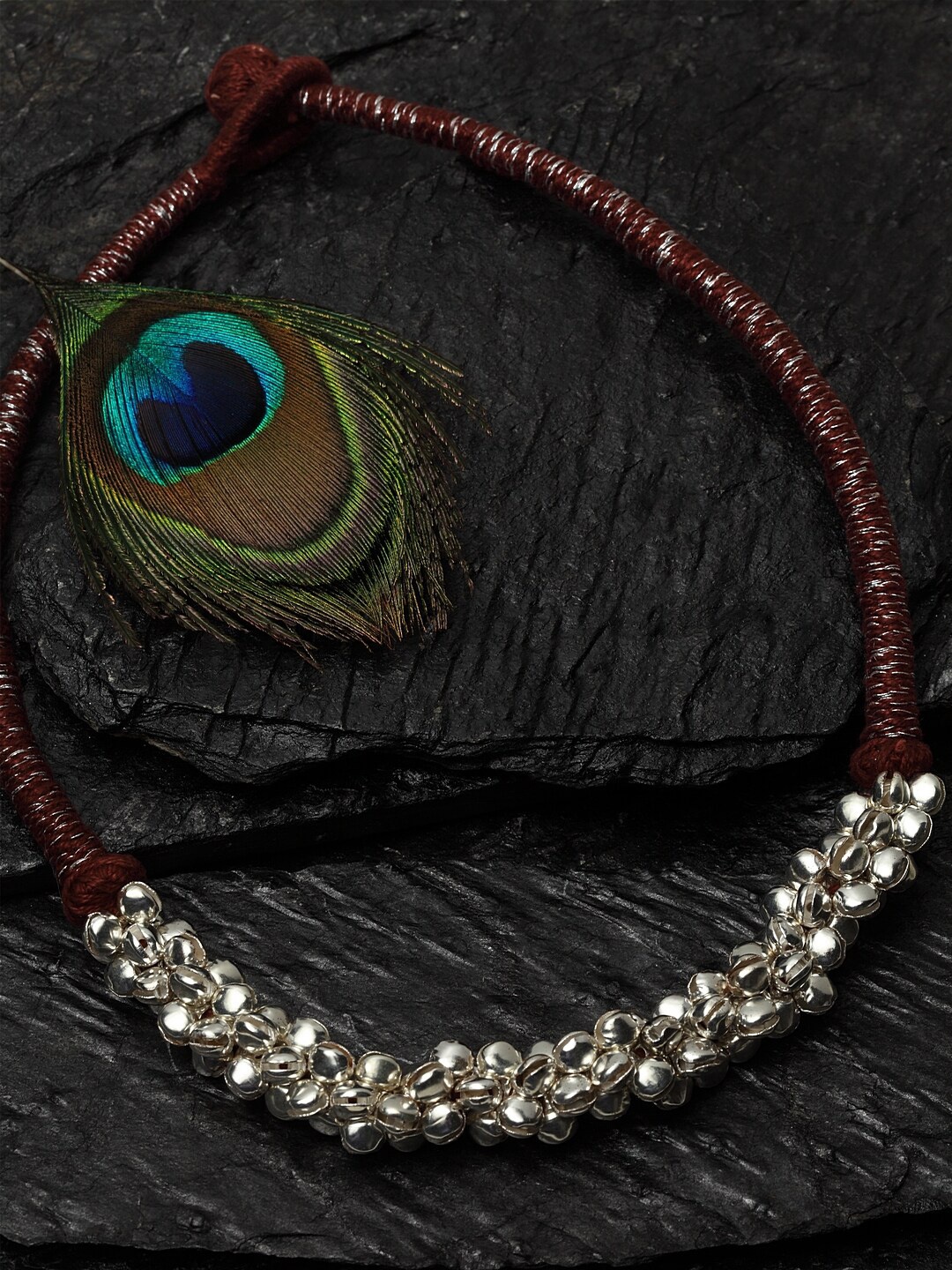 

DUGRISTYLE Silver Brown Ghungoo Embellished Statement Sustainable Handcrafted Necklace