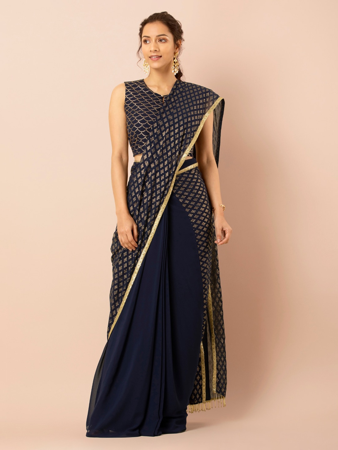 

INDYA Women Blue Zari Embellished Pleated Ready to Wear Saree