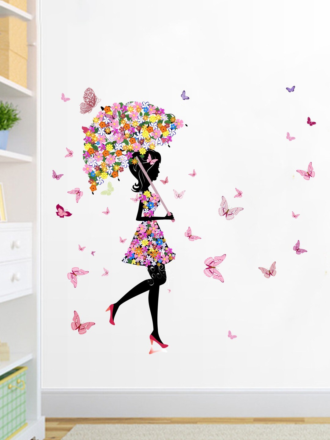 rawpockets Girl Butterfly Umbrella Wall Stickers, Pink