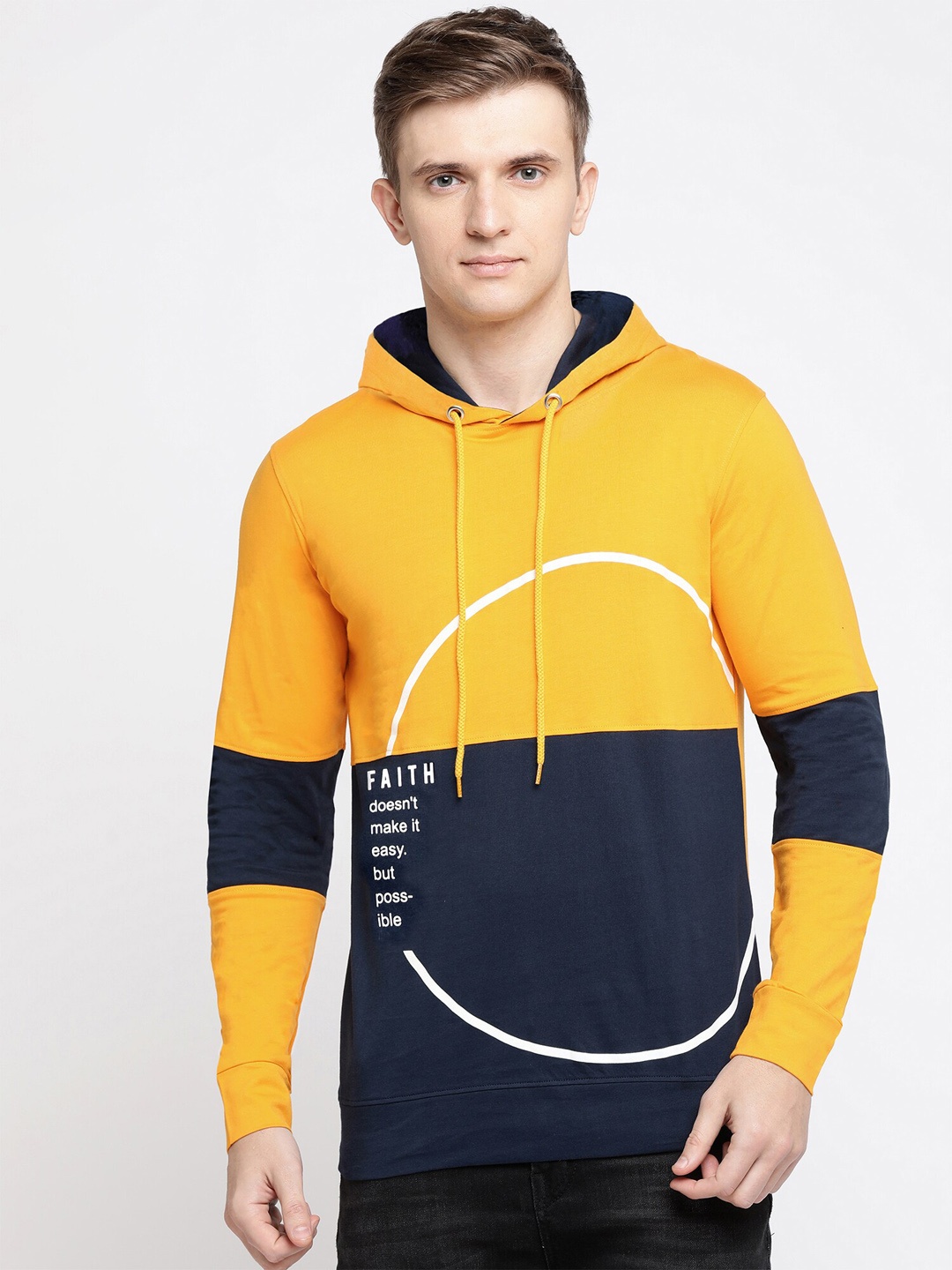 

Maniac Men Yellow Navy Blue Colourblocked Hood Pure Cotton T-shirt