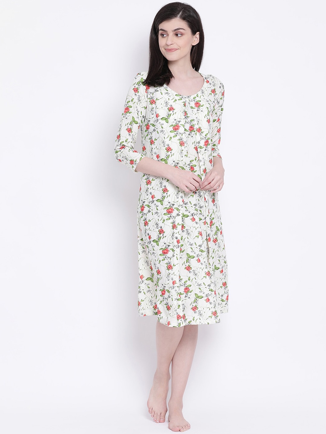 

Clovia Women Off-White & Red Floral Printed Nightdress
