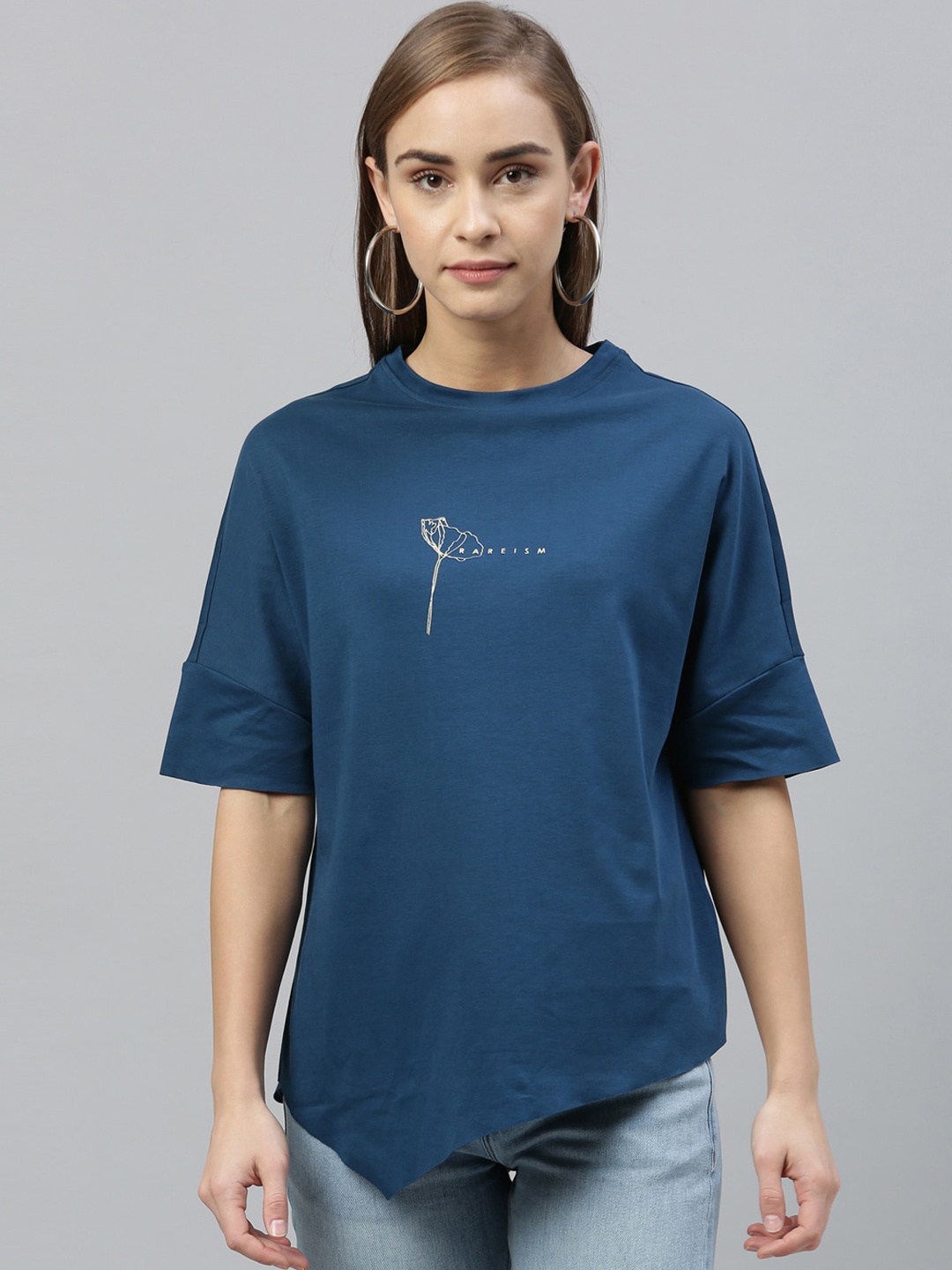 

RAREISM Women Blue Printed Pure Cotton Top