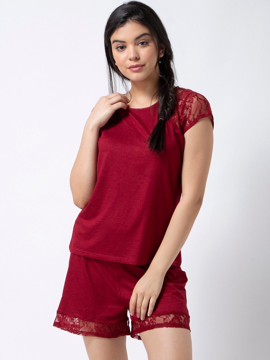 

ADORENITE Women Maroon Solid Night Suit