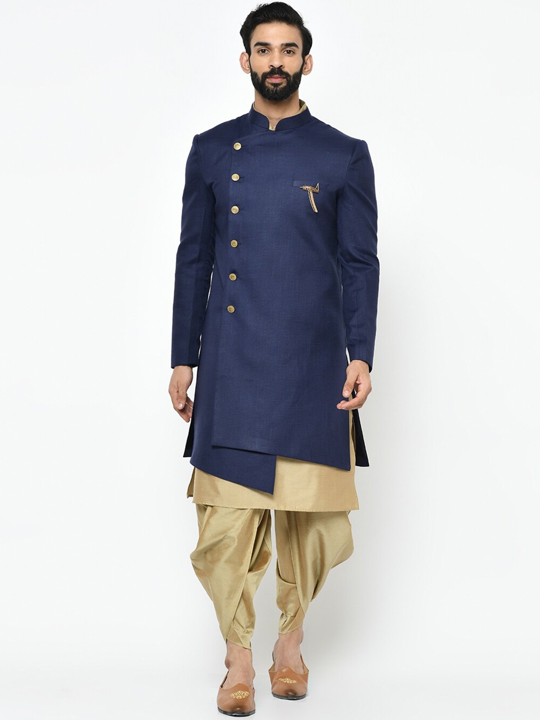 

KISAH Men Navy Blue & Gold-Coloured Indowestern Sherwani With Achkan