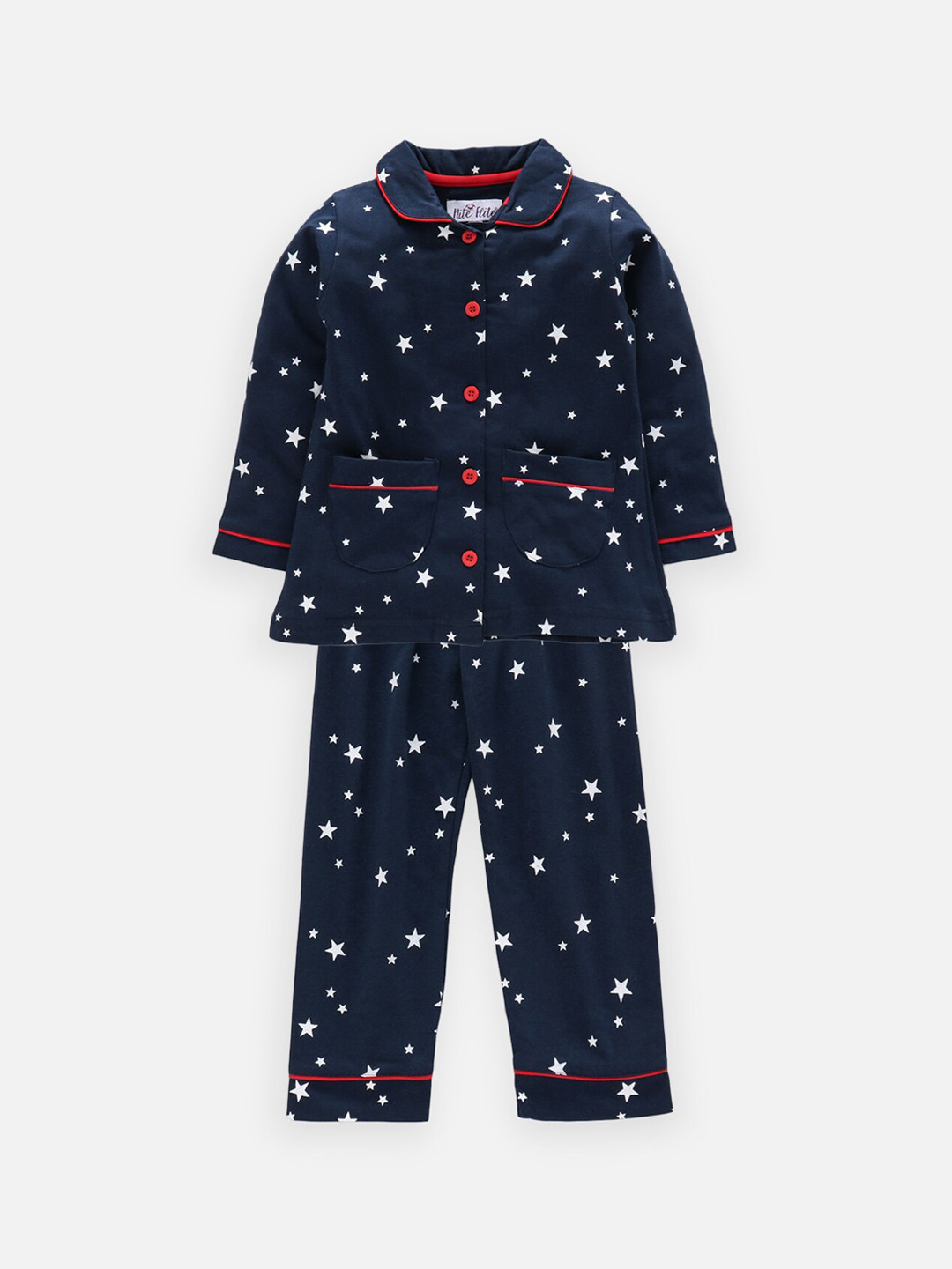 

Nite Flite Girls Navy Blue, Red & White Printed Night Suit