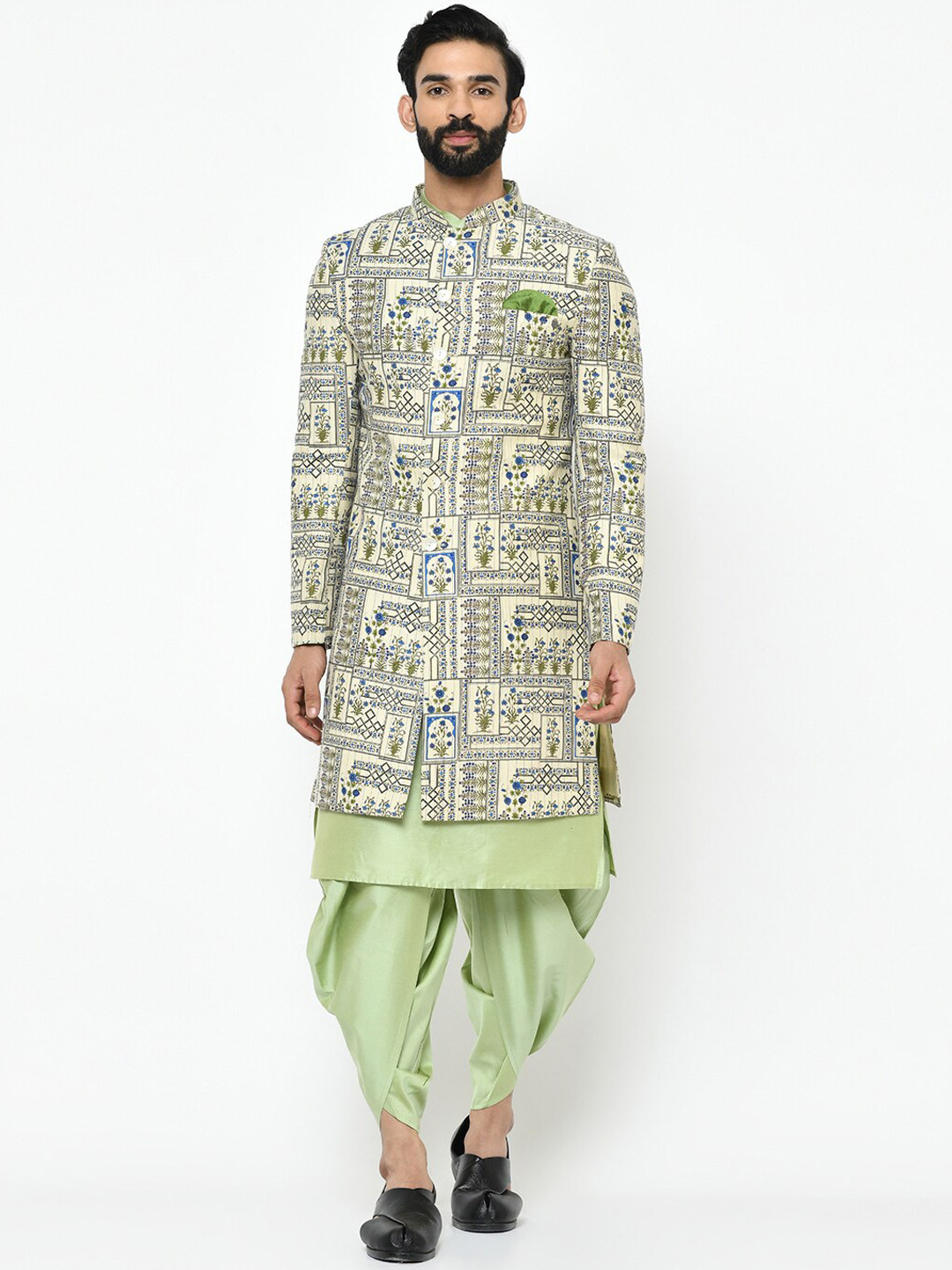 

KISAH Men Beige & Green Printed Sherwani Set