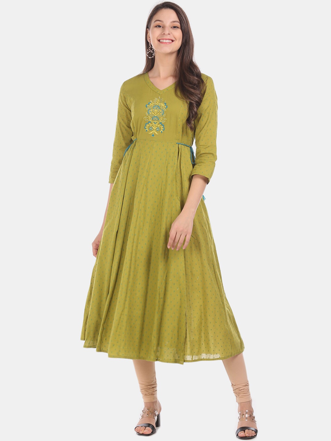 

Karigari Women Olive Green Embroidered Anarkali Kurta