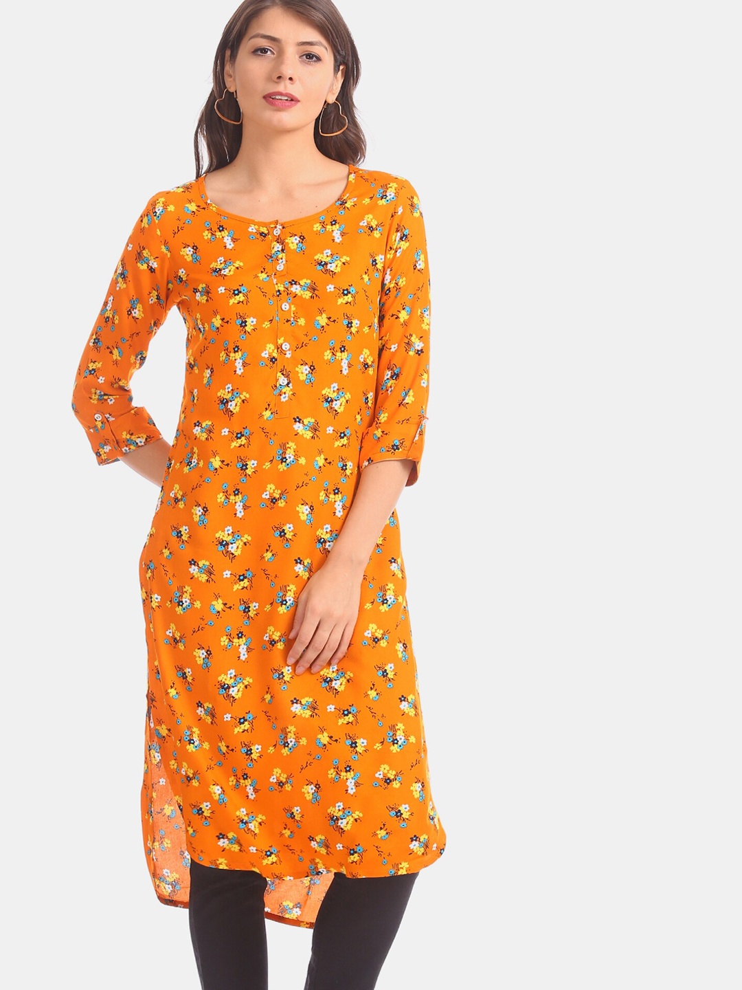 

Karigari Women Mustard Printed Straight Kurta