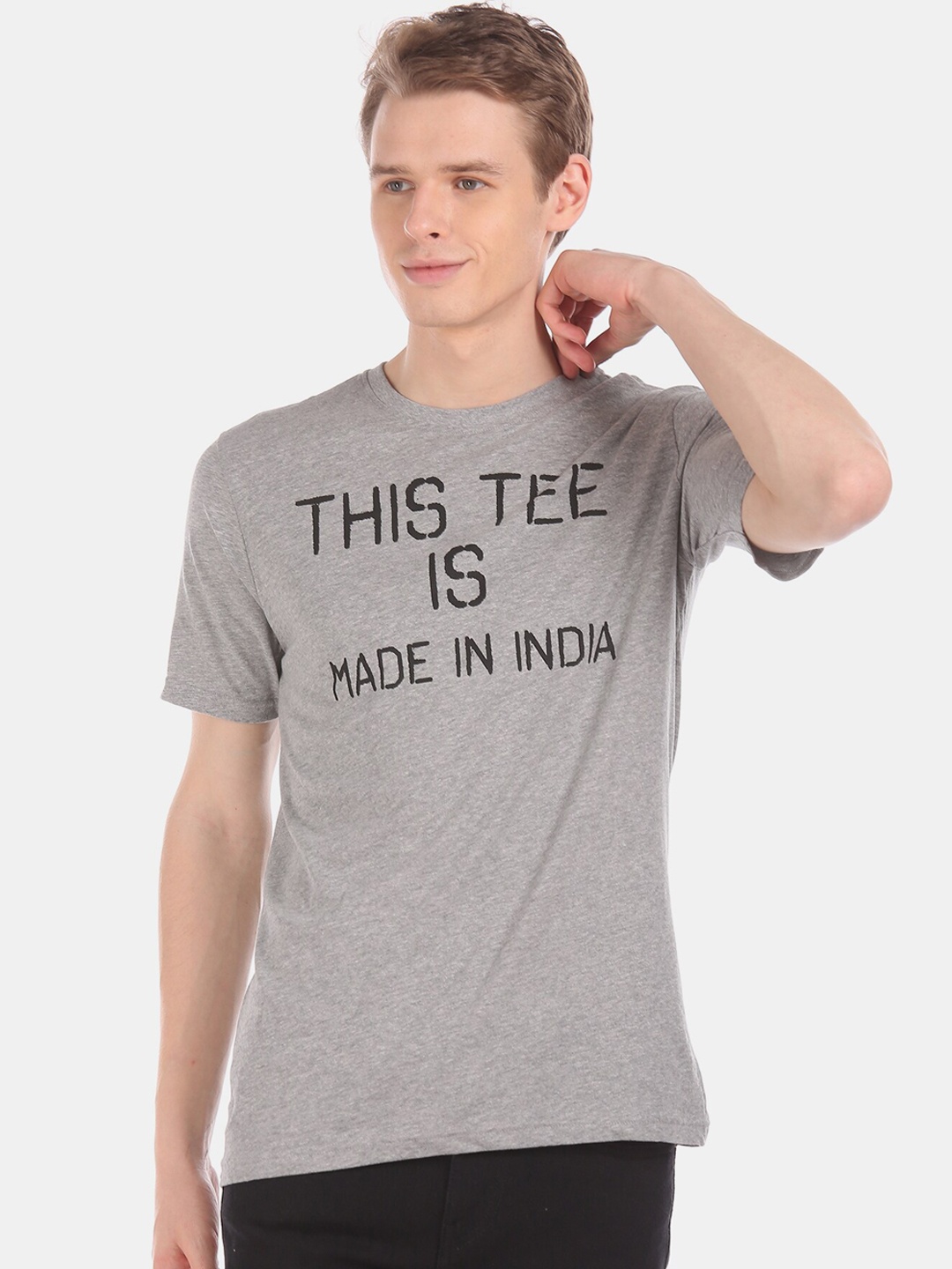 Colt Men Grey Printed Round Neck T-shirt