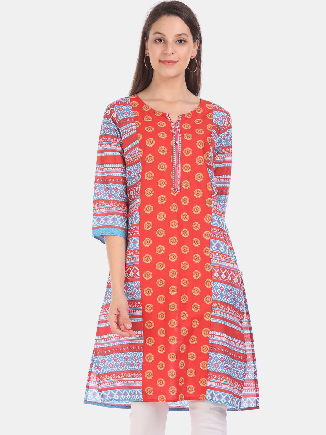 

Karigari Women Orange & Blue Printed A-Line Kurta