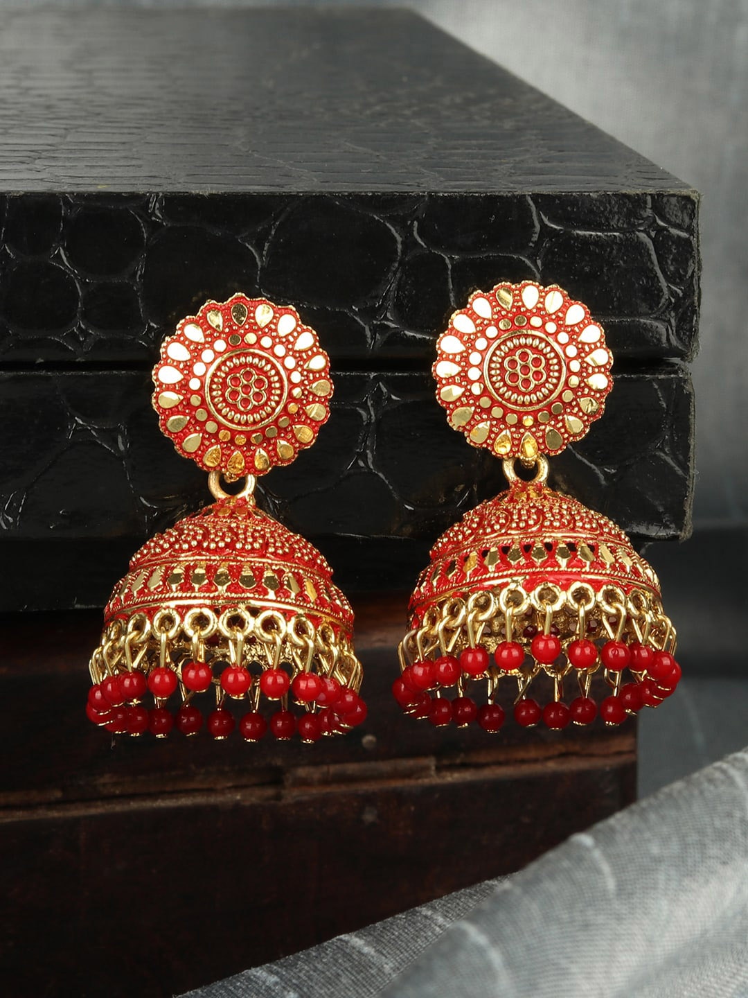 

ANIKAS CREATION Gold-Plated & Red Dome Shaped Jhumkas