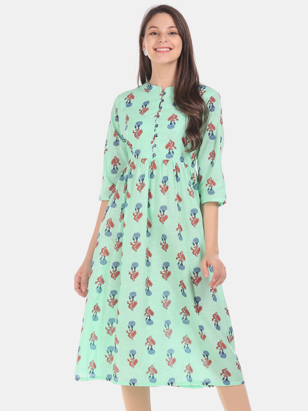 

Karigari Women Sea Green & Red Printed A-Line Kurta