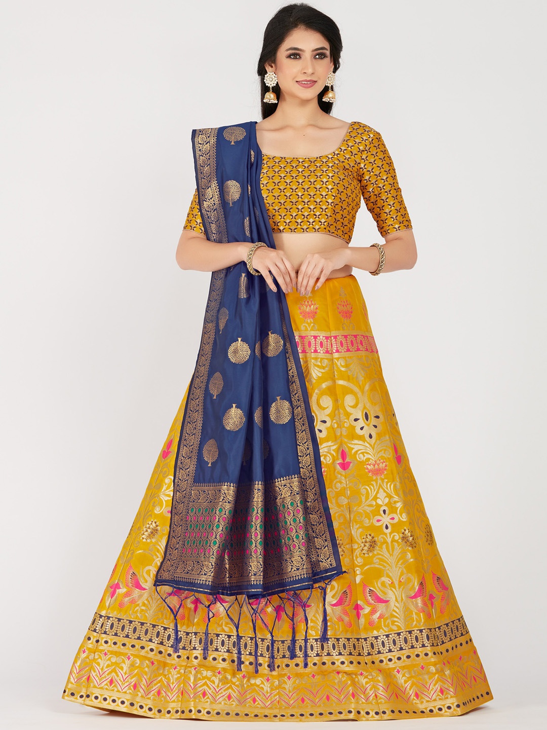 

MIMOSA Women Yellow & Navy Zari Woven Design Semi-Stitched Lehenga & Unstitched Choli with Dupatta