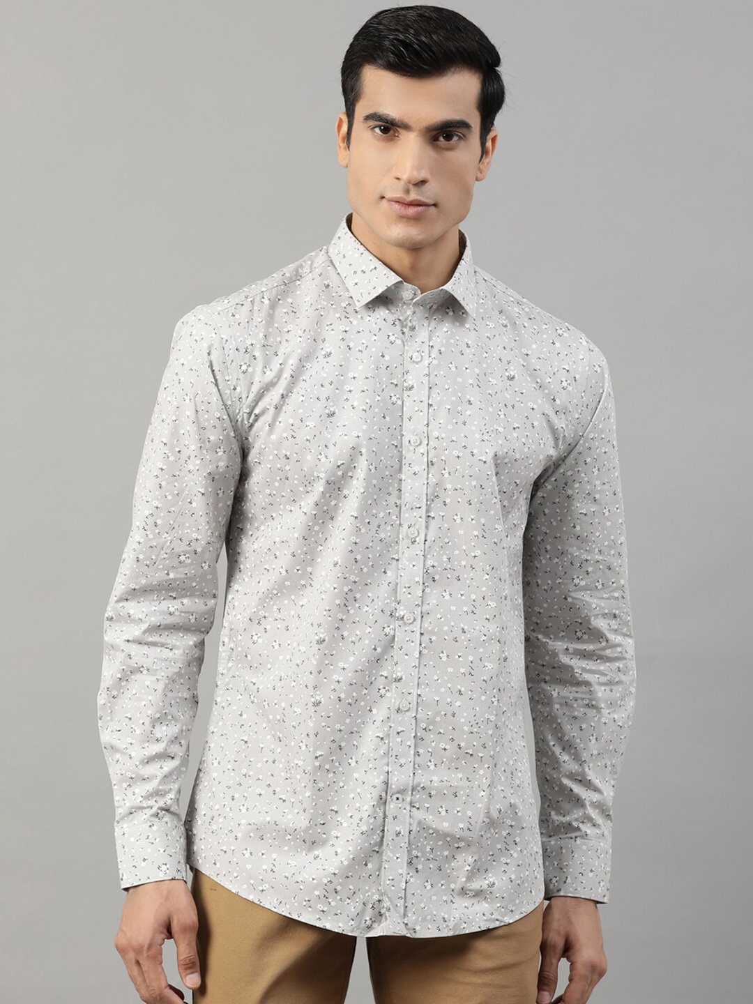 HARSAM Men Grey Slim Fit Floral Printed Formal Shirt