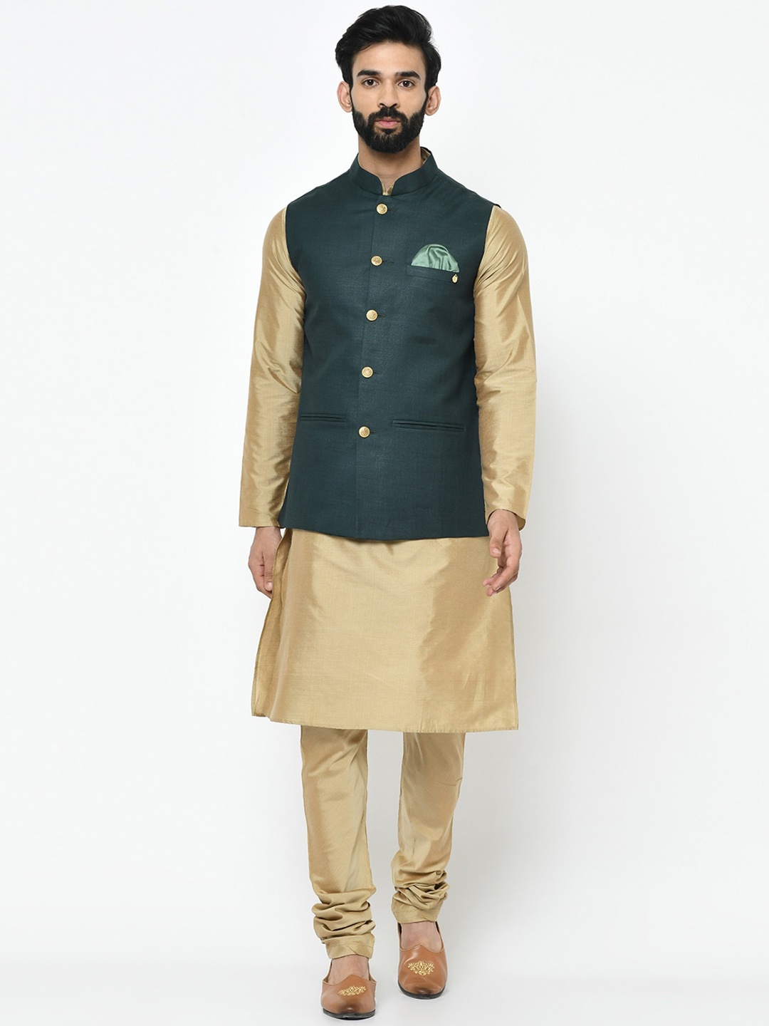 

KISAH Men Solid Kurta with Churidar & Nehru Jacket, Green