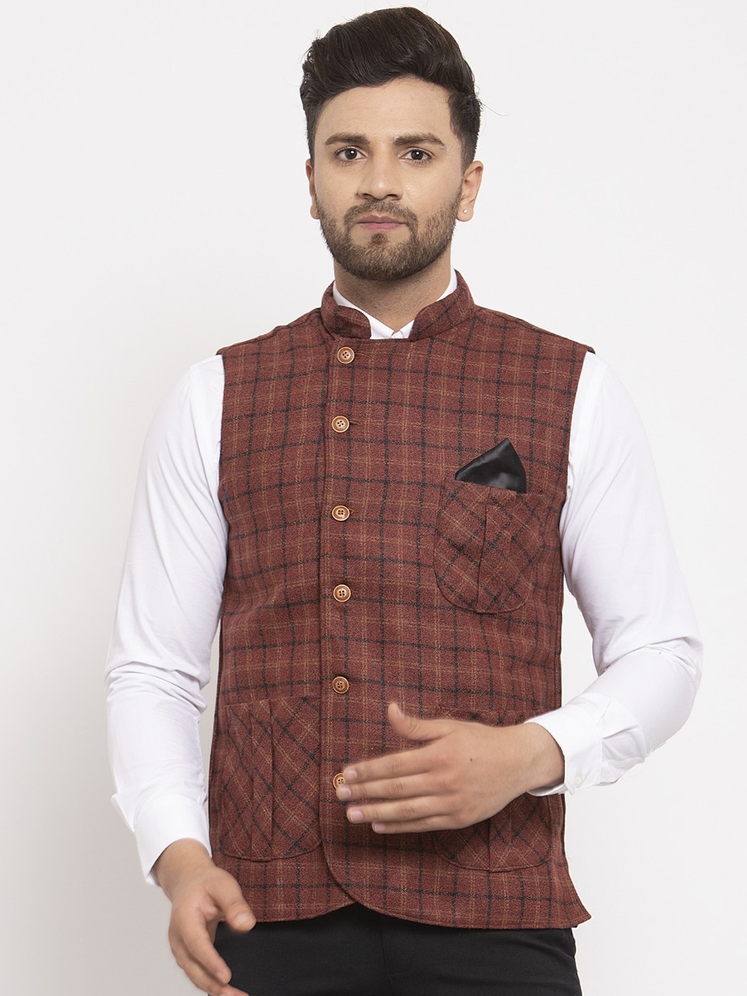 

KLOTTHE Men Maroon & Navy Blue Checked Nehru Jacket