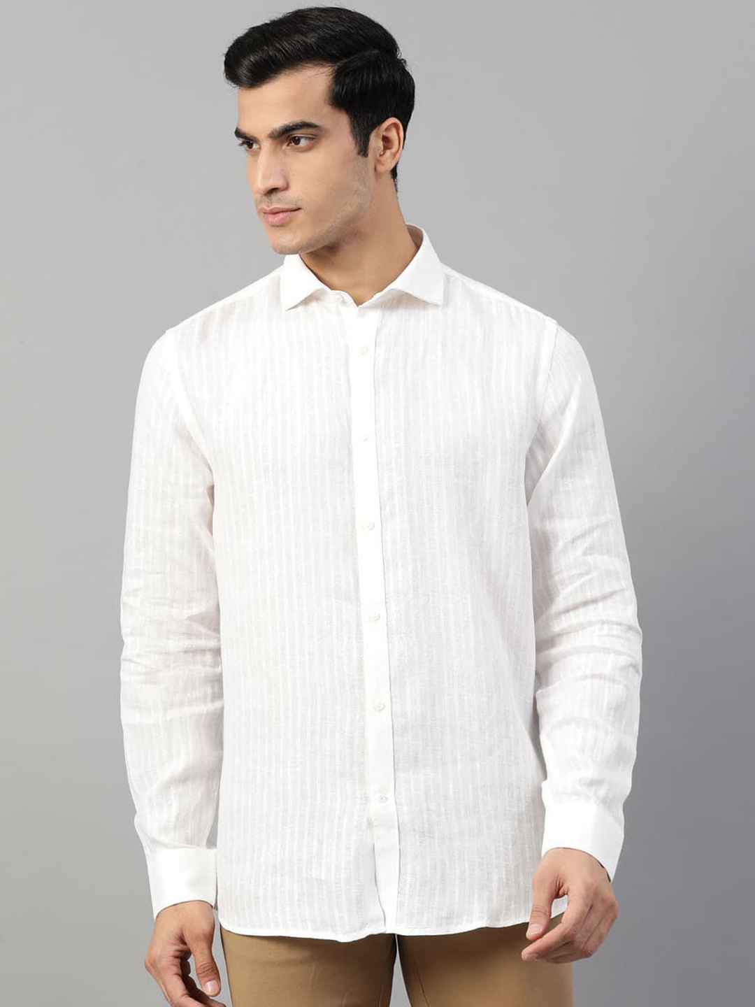 

HARSAM Men White Slim Fit Striped Linen Semiformal Shirt