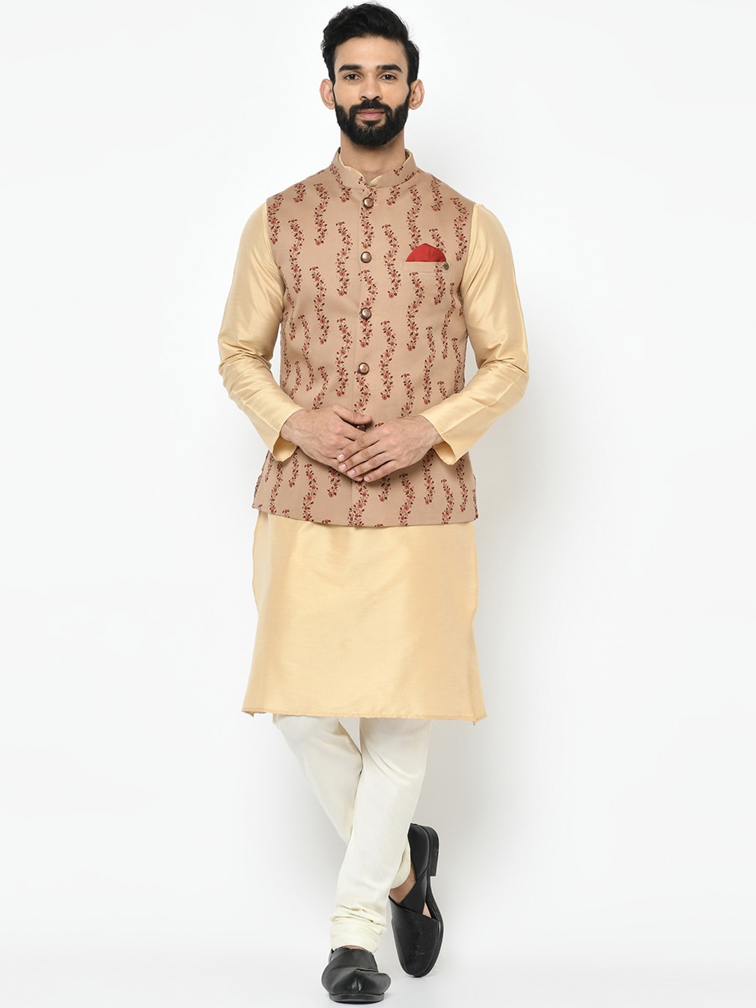 

KISAH Men Brown & Yellow Self Design Kurta with Pyjamas