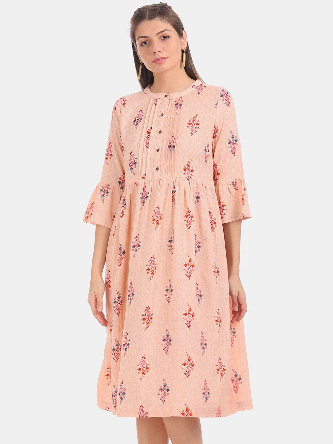

Karigari Women Peach-Coloured Printed Fit and Flare Dress