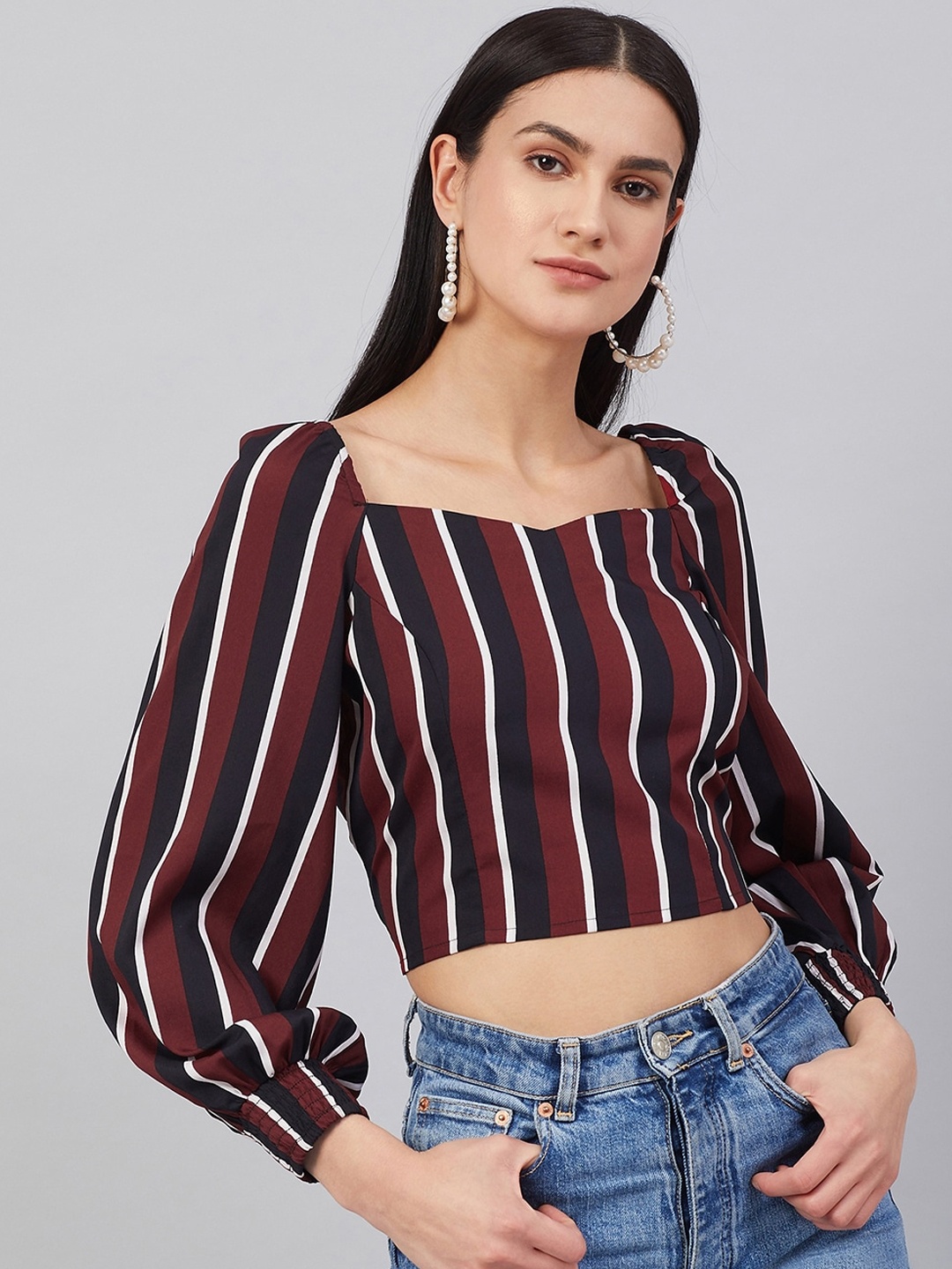 

RARE Women Brown & Navy Blue Striped Top