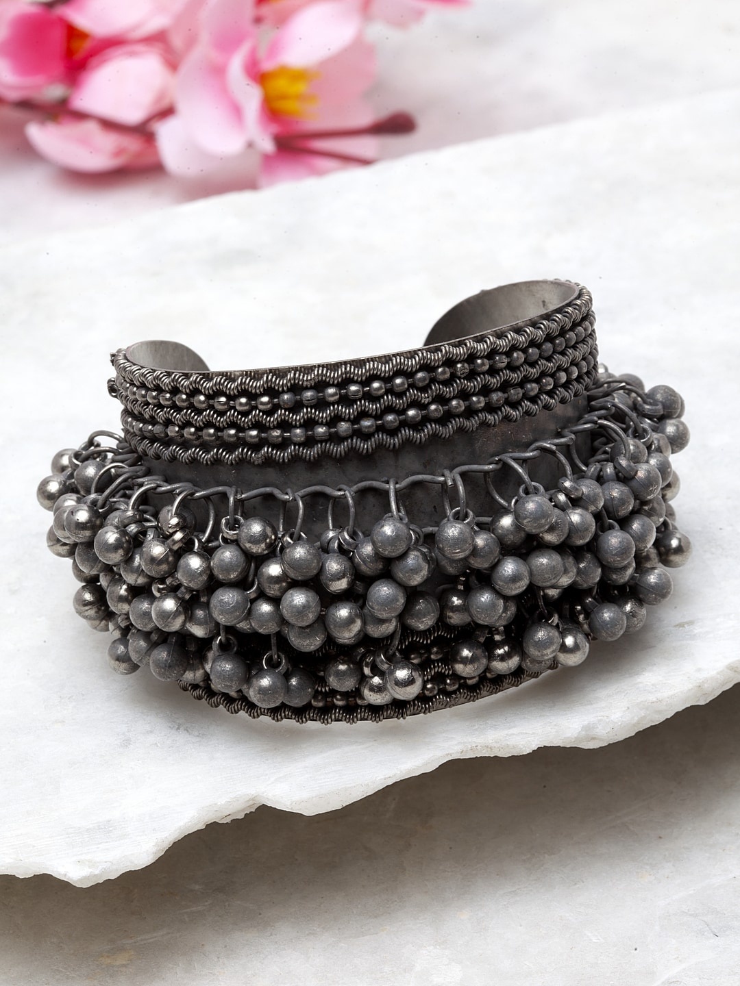 

Moedbuille Gunmetal-Toned Beads Studded Tribal Look Filigree Work Oxidised Cuff Bracelet, Metallic