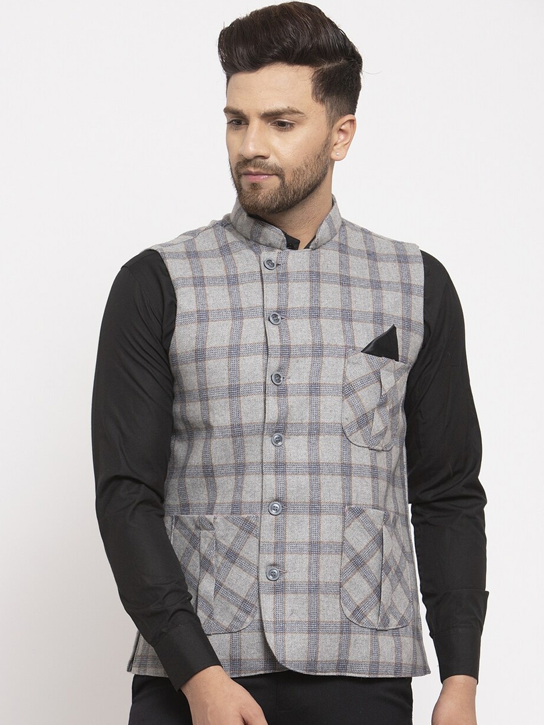 

KLOTTHE Men Grey & Black Checked Nehru Jacket