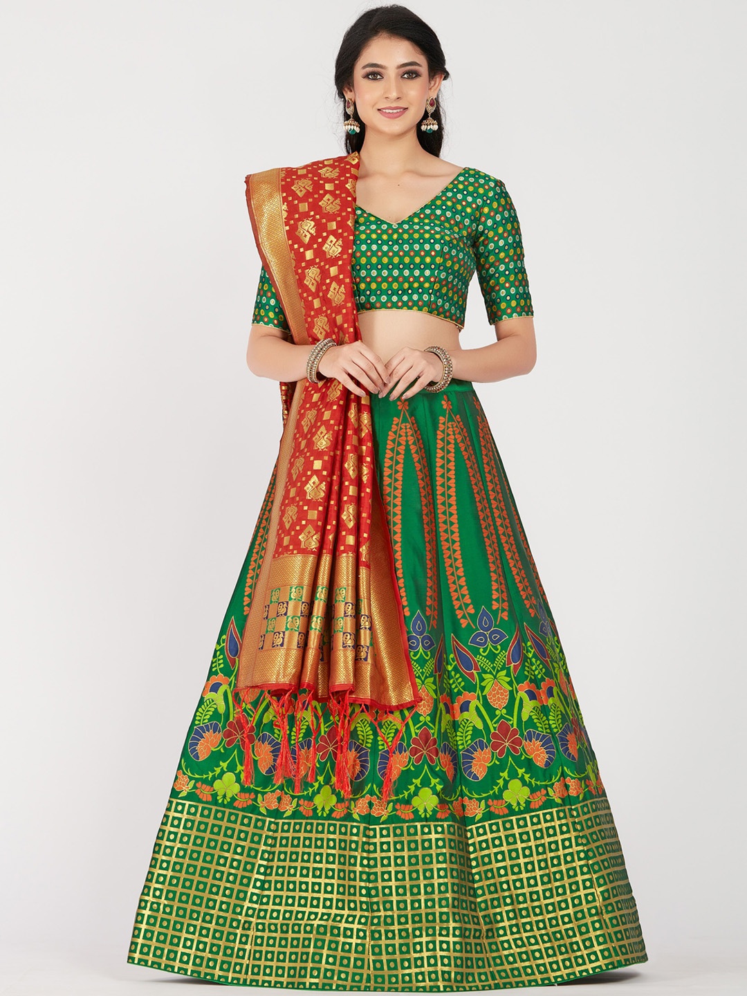 

MIMOSA Green & Red Embroidered Unstitched Lehenga & Semi-Stitched Blouse with Dupatta