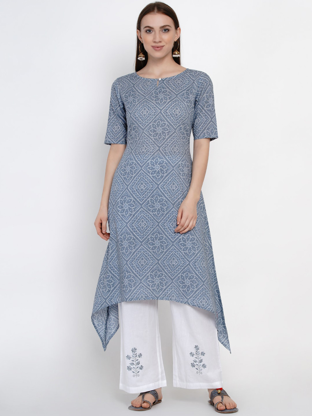 

Yuris Women Blue & White Printed Kurta with Trousers