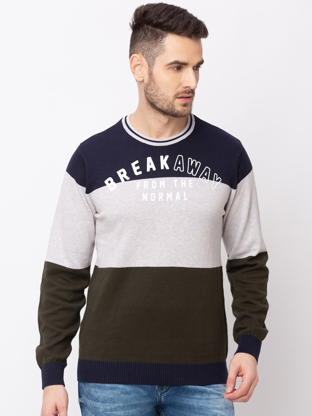 

Globus Men Olive Green & Grey Colourblocked Pullover Sweater