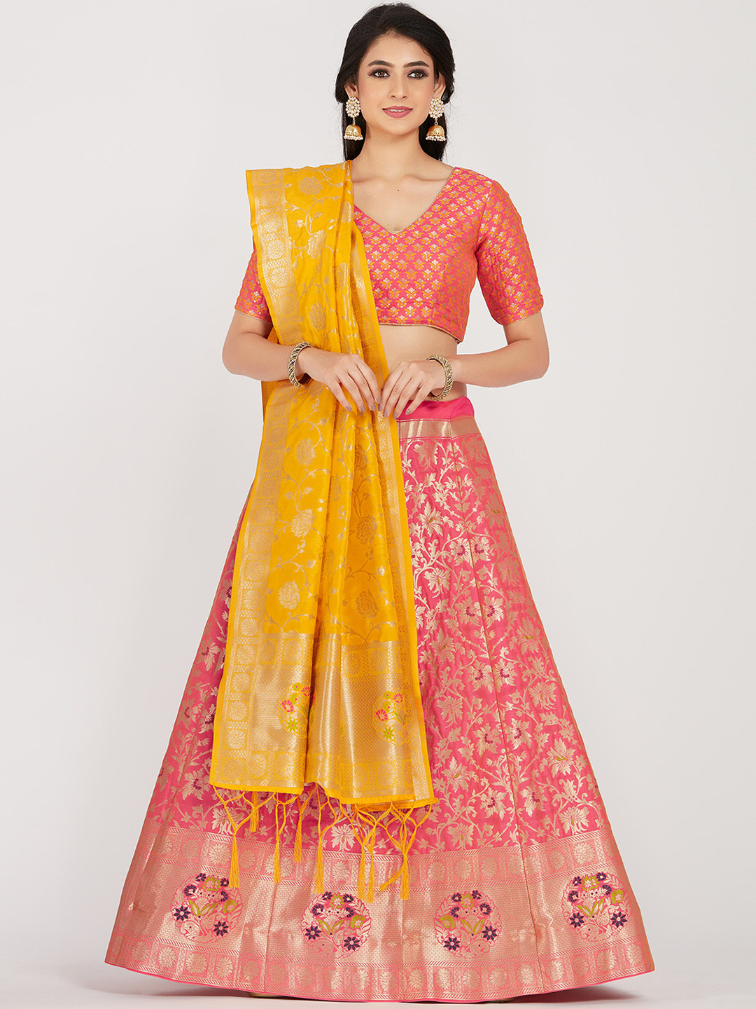 

MIMOSA Women Pink & Yellow Zari Woven Design Semi-Stitched Lehenga & Unstitched Choli with Dupatta