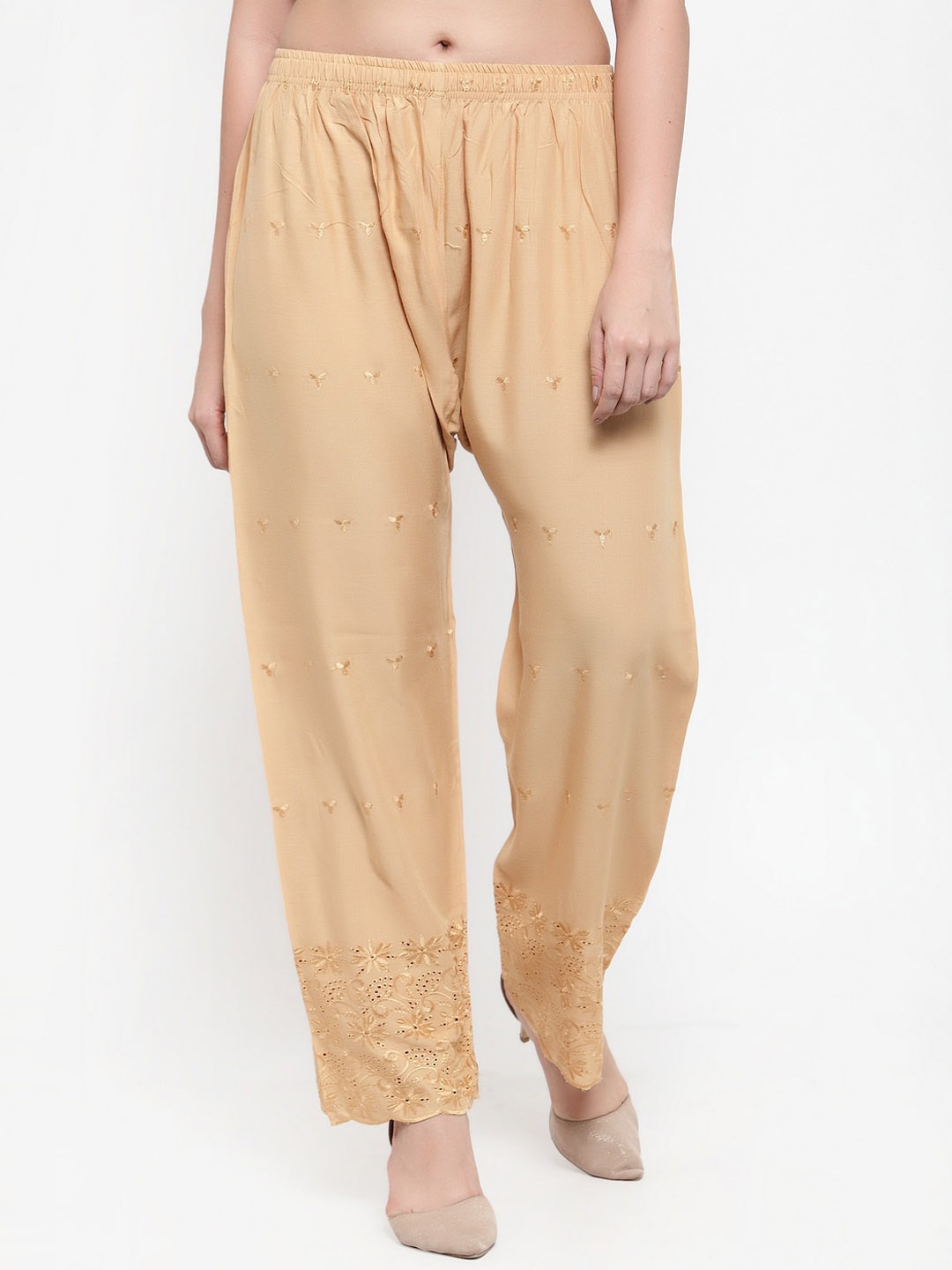 

Miaz Lifestyle Women Beige Embroidered Straight Fit Palazzos