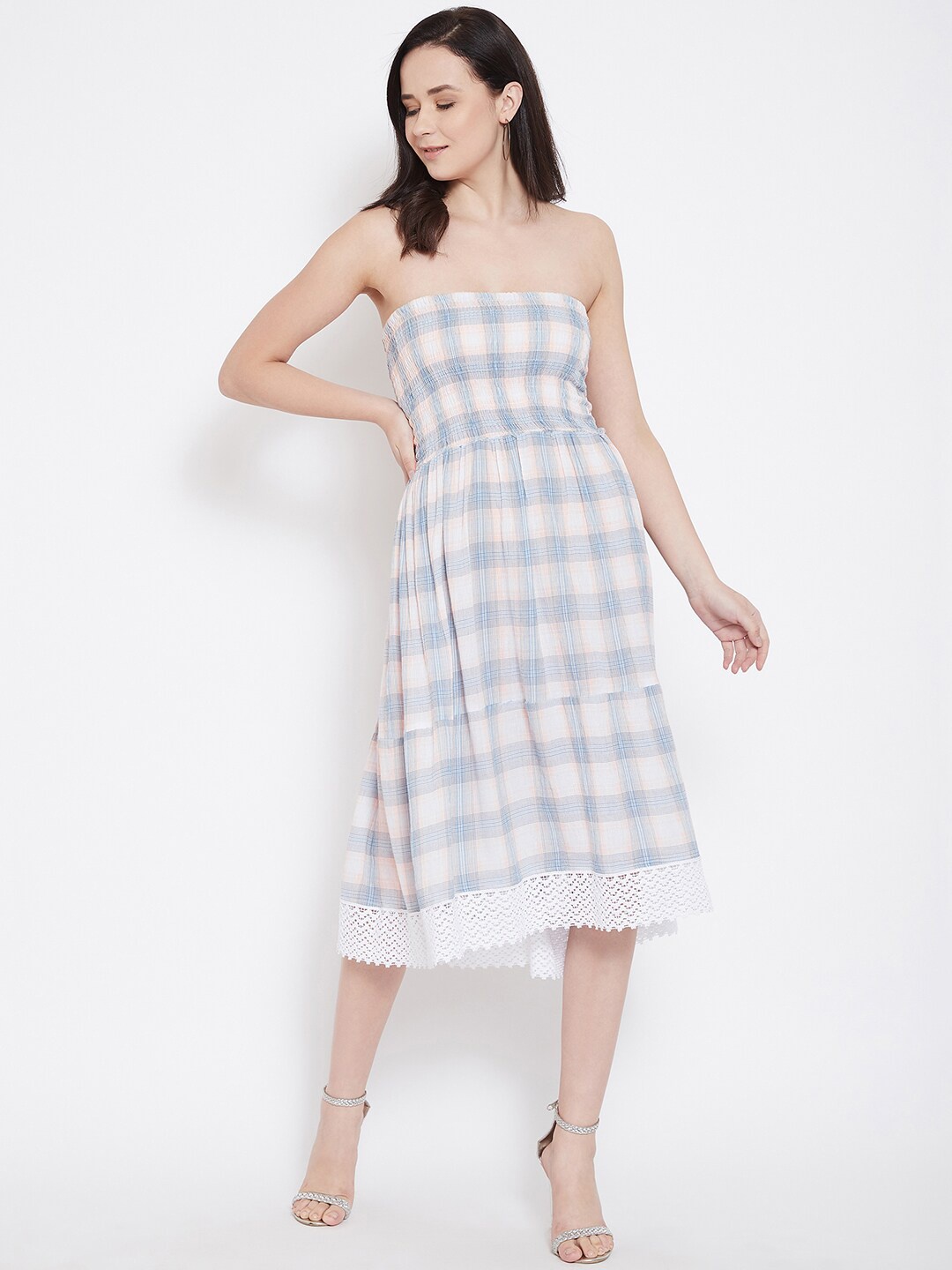 

Ruhaans Women White & Blue Checked Fit and Flare Dress