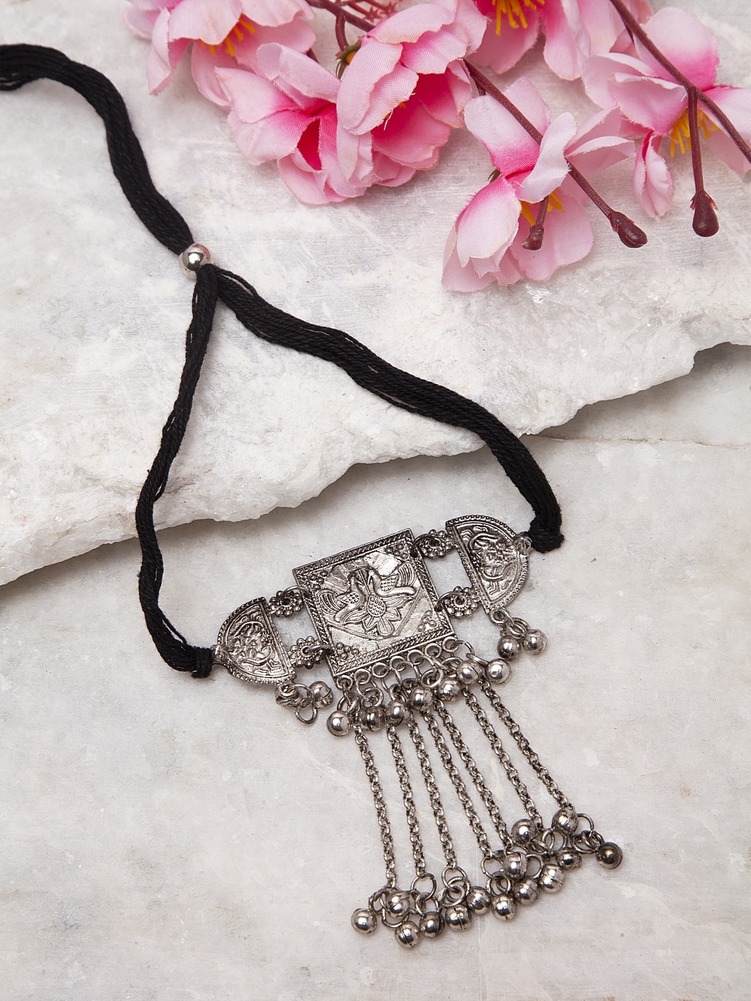 

Moedbuille Brass-Plated Silver-Toned Handcrafted Tribal Temple Design Choker Necklace
