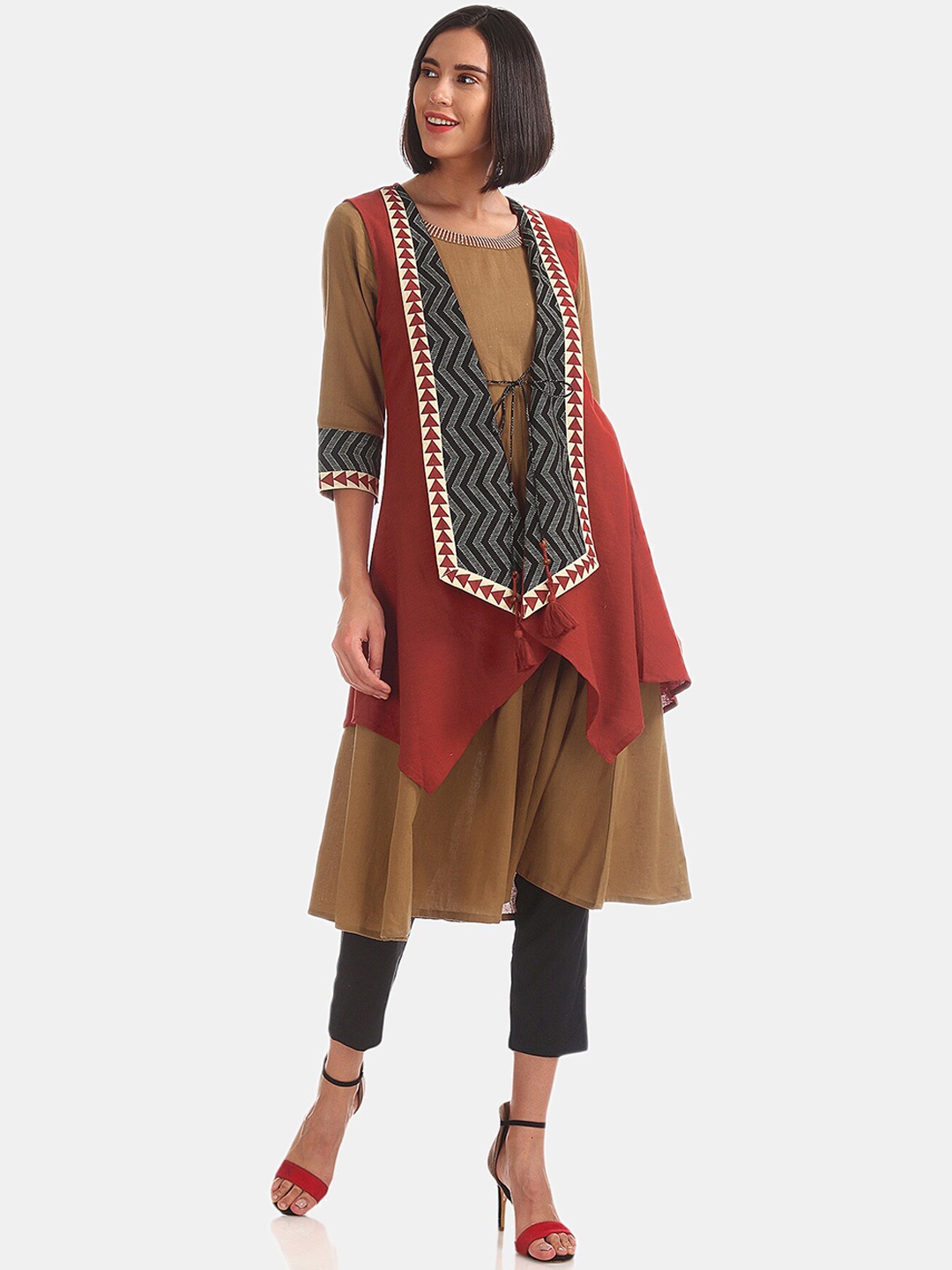 

Anahi Women Multicoloured Solid A-Line Kurta with Shrug, Brown