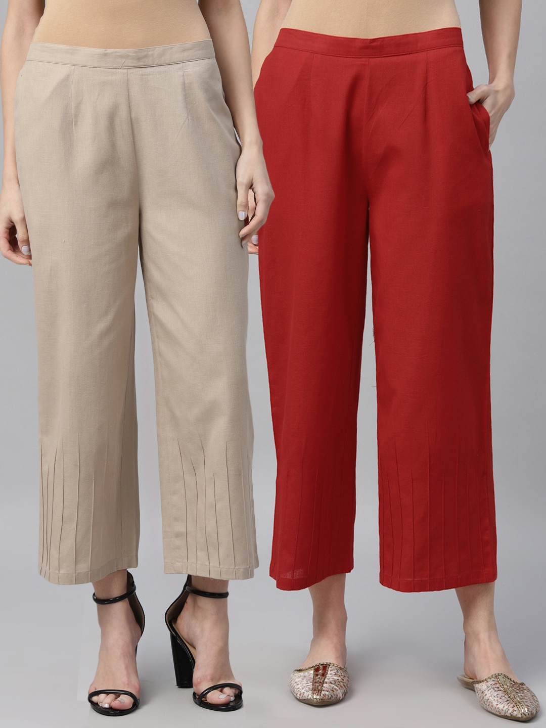 

Libas Women Pack of 2 Beige & Red Solid Palazzos