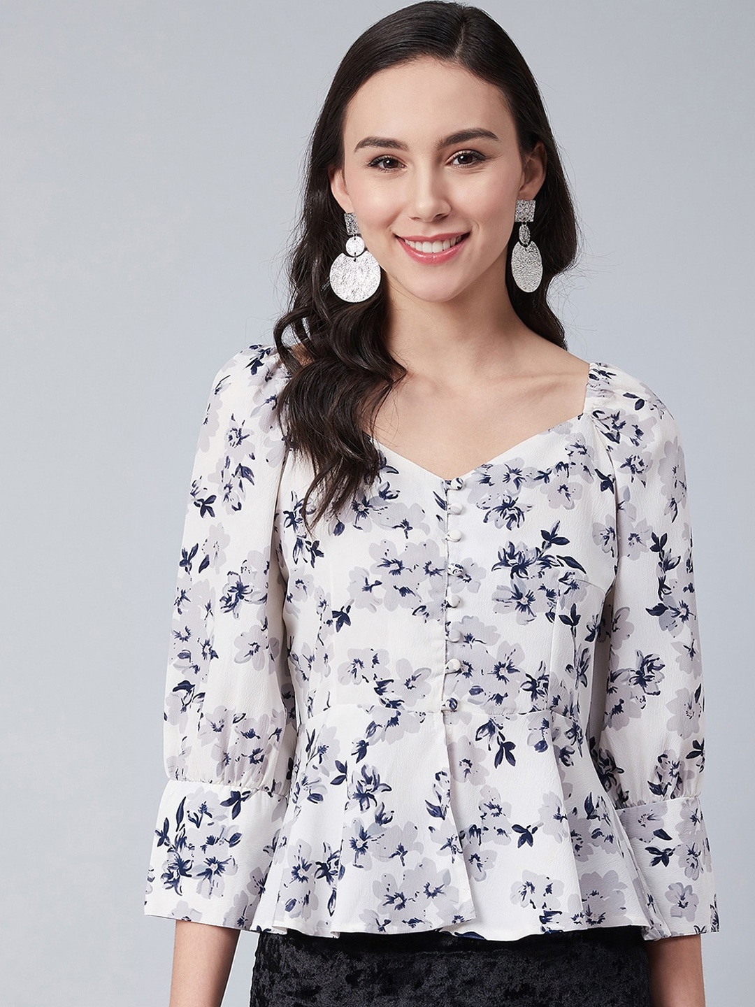 

RARE White & Blue Floral Peplum Top