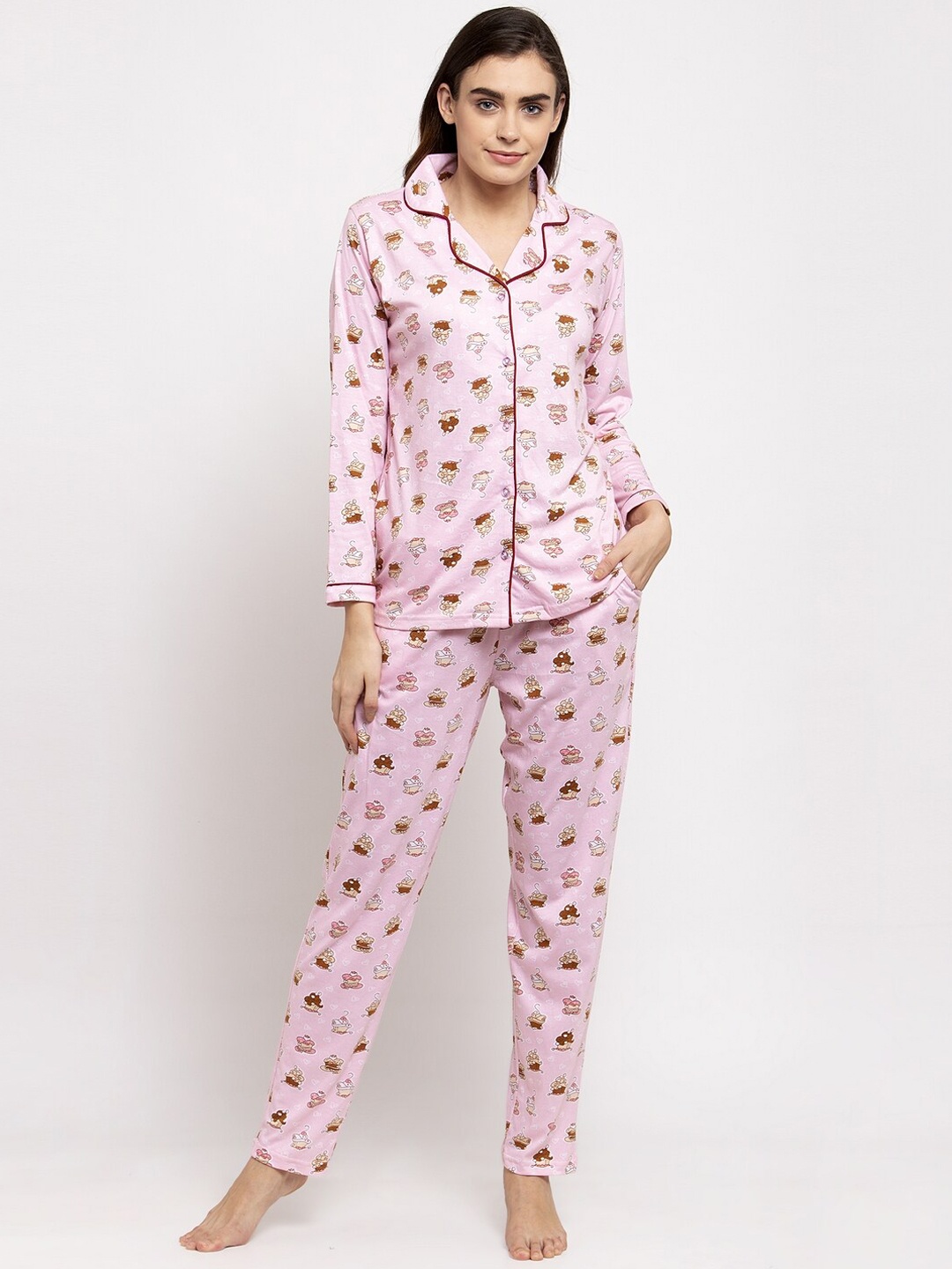 Claura Women Pink Printed Night suit
