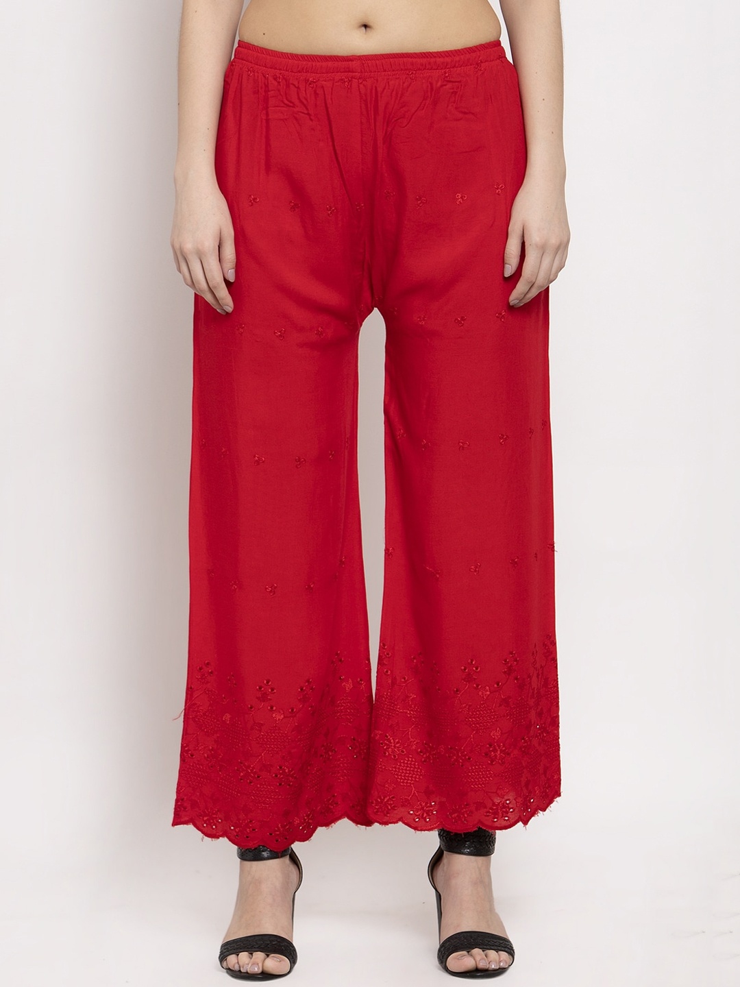 

Miaz Lifestyle Women Red Embroidered Hem Design Straight Fit Palazzos