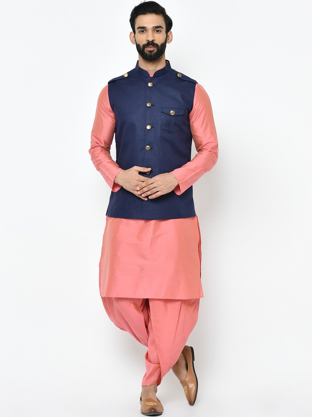 

KISAH Men Pink & Blue Solid Kurta with Dhoti Pants & Jacket