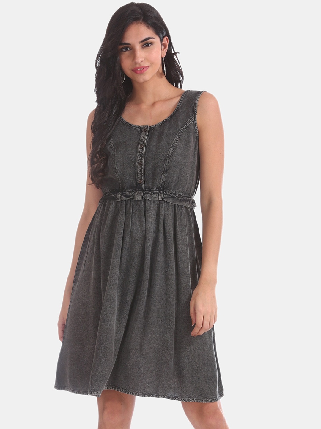 

Sugr Women Charcoal Solid Fit and Flare Dress