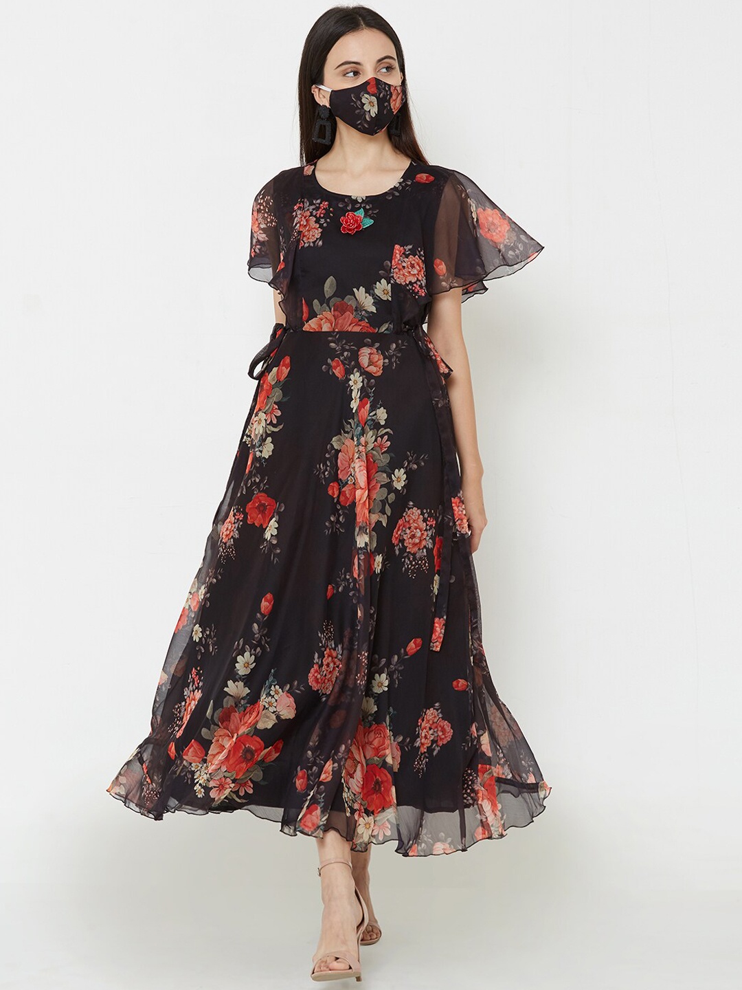 FASHOR Women Black Printed Fit & Flare Maxi Dress