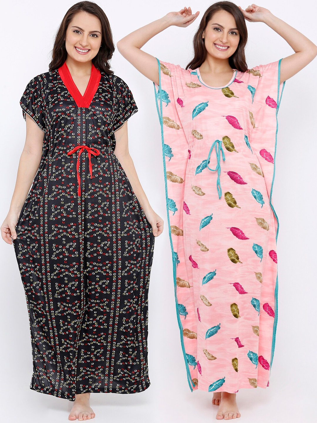 

Pretty Awesome Women Pack Of 2 Printed Maxi Nightdresses, Black