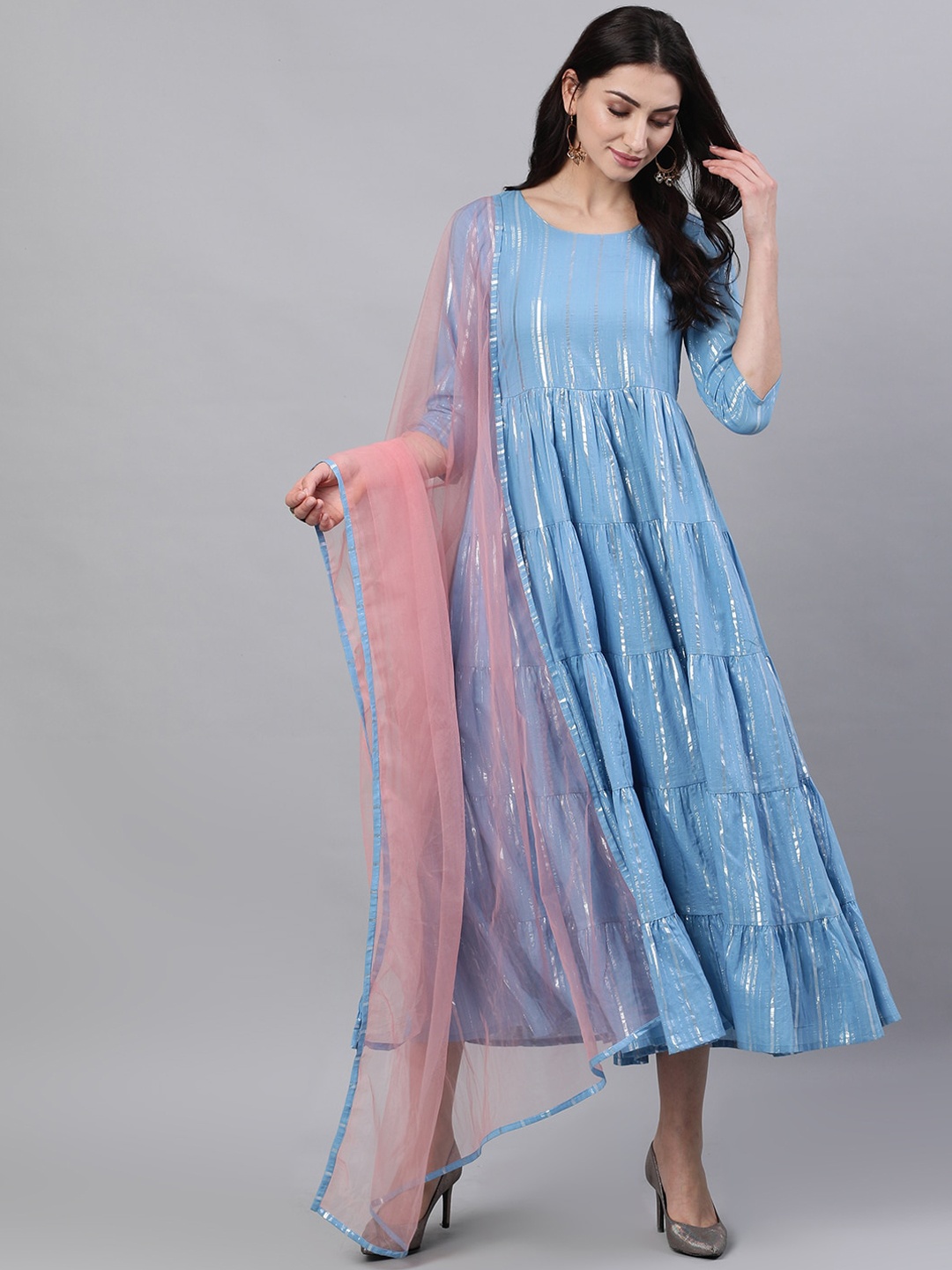 

Nayo Women Blue Striped Maxi Dress with Dupatta